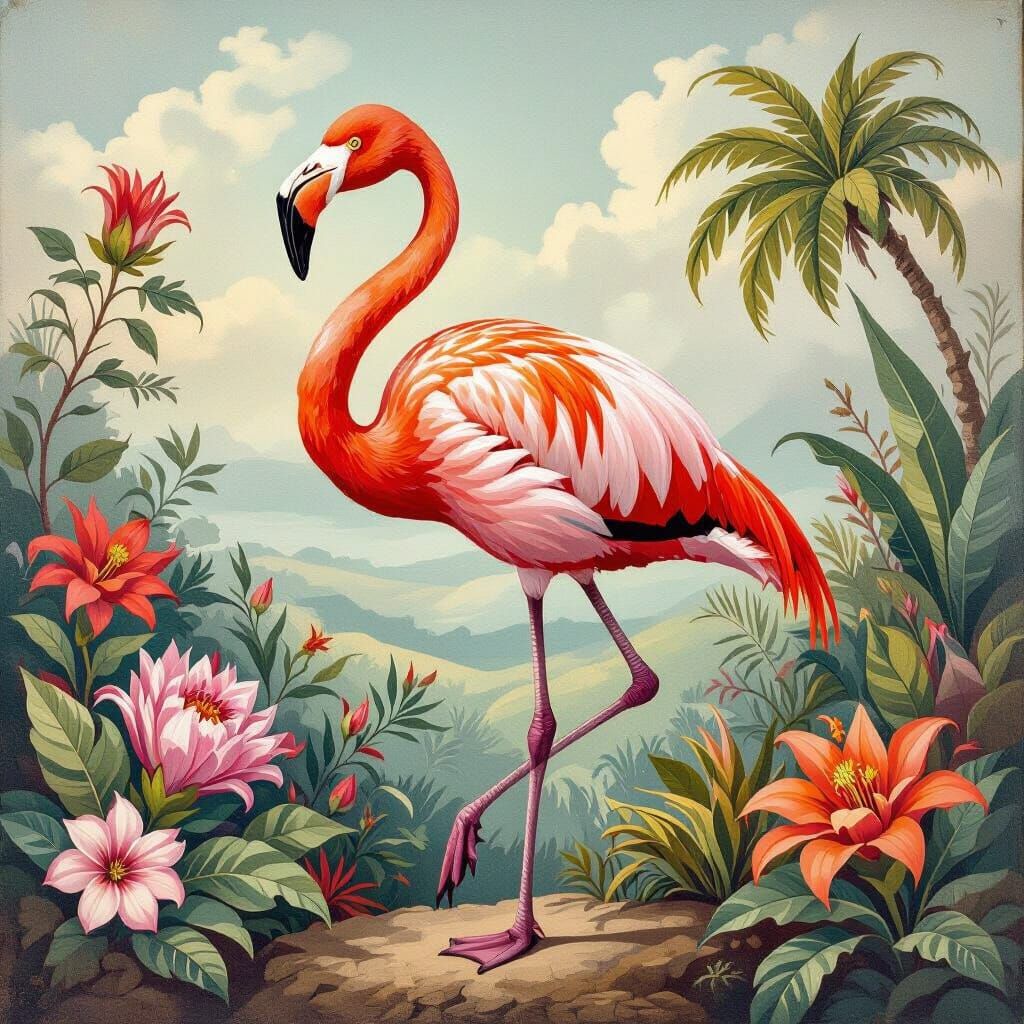 Elegant Flamingo in Galapagos: Victorian Gouache Painting