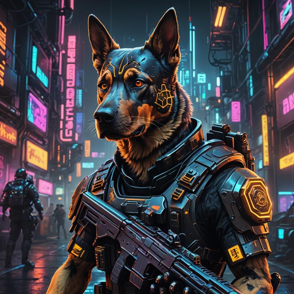 Cyberpunk Dog-Soldier with Retro Gun in Neon City