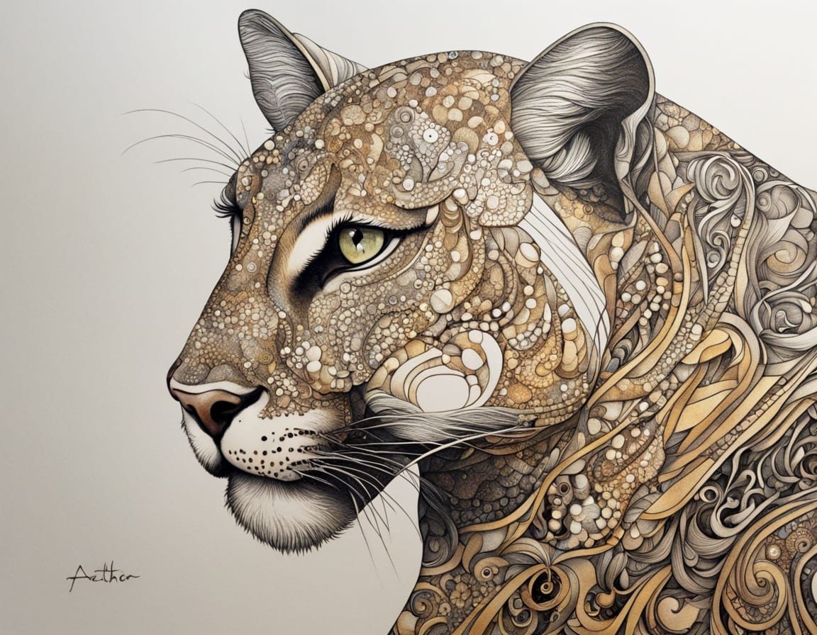 Untamed Puma Hunting in Twilight Charcoal and Watercolor