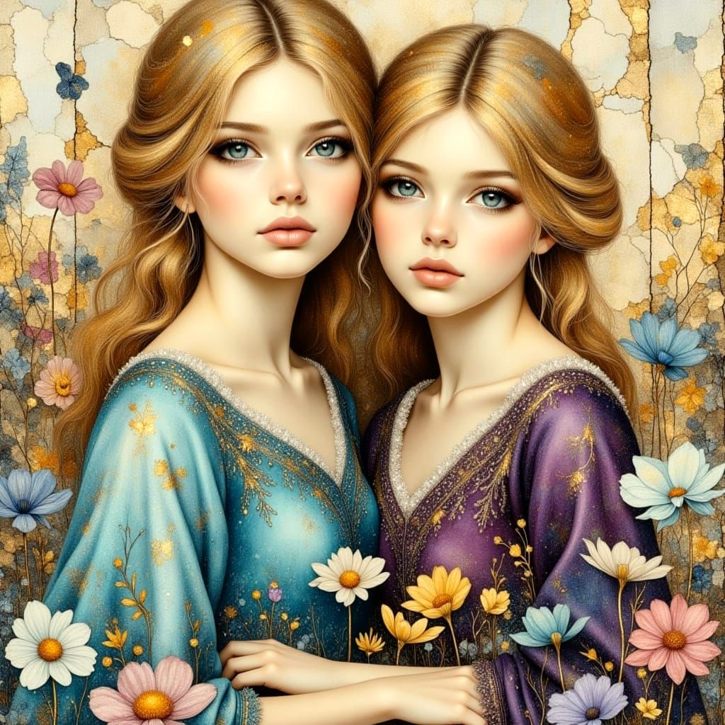 Twin Sisters in Whimsical Landscape with Rainbow Orbs