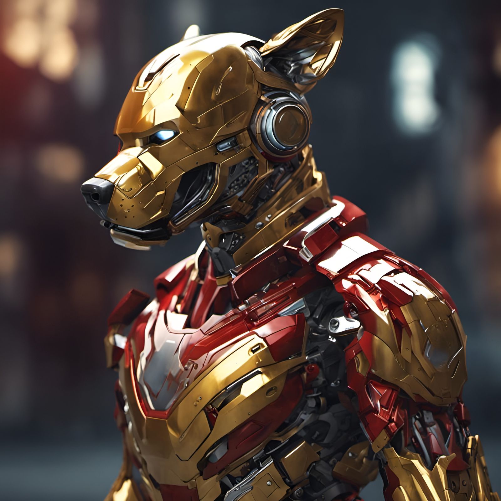 Cyberpunk Dog with Bionic Helmet and Golden Armor