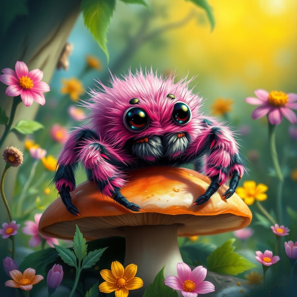 Fuzzy Jumping Spider in Whimsical Forest Illustration