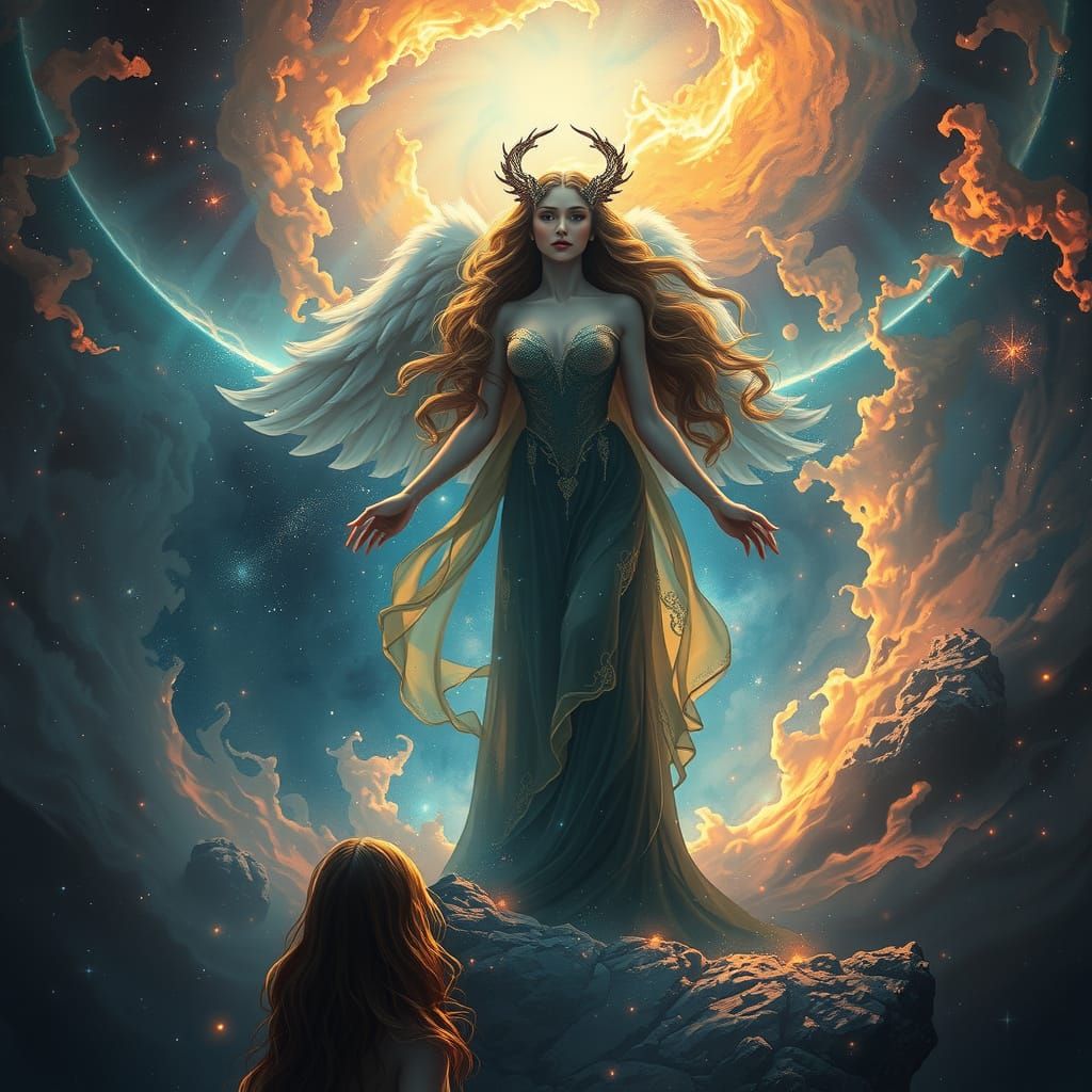 Celestial Goddess at Nebula Edge in Oil Painting Style