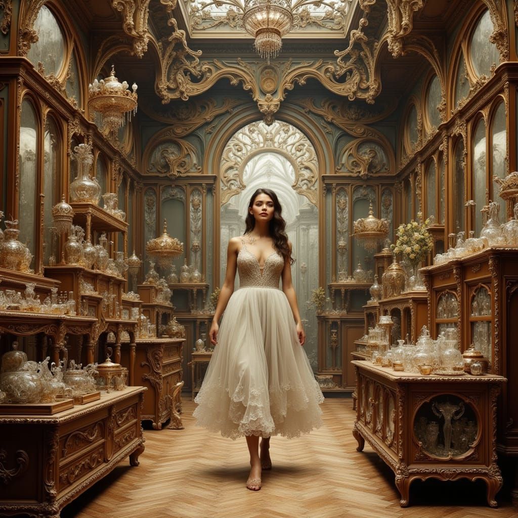 Elegant Woman in Antique Store, Alphonse Mucha Style