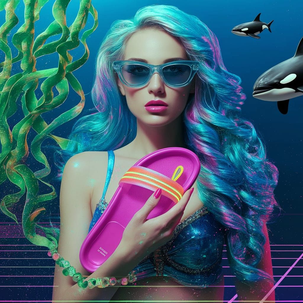 Mermaid in Electric Blue Hair, Holding a Neon Pink Jelly San...