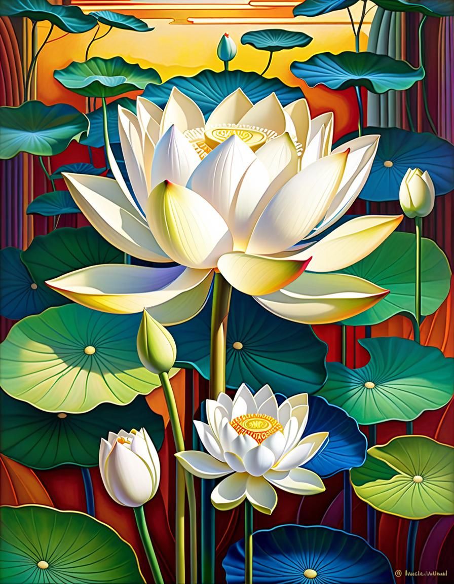 White Lotus Flowers with Leaves and Buds in a Magical Garden