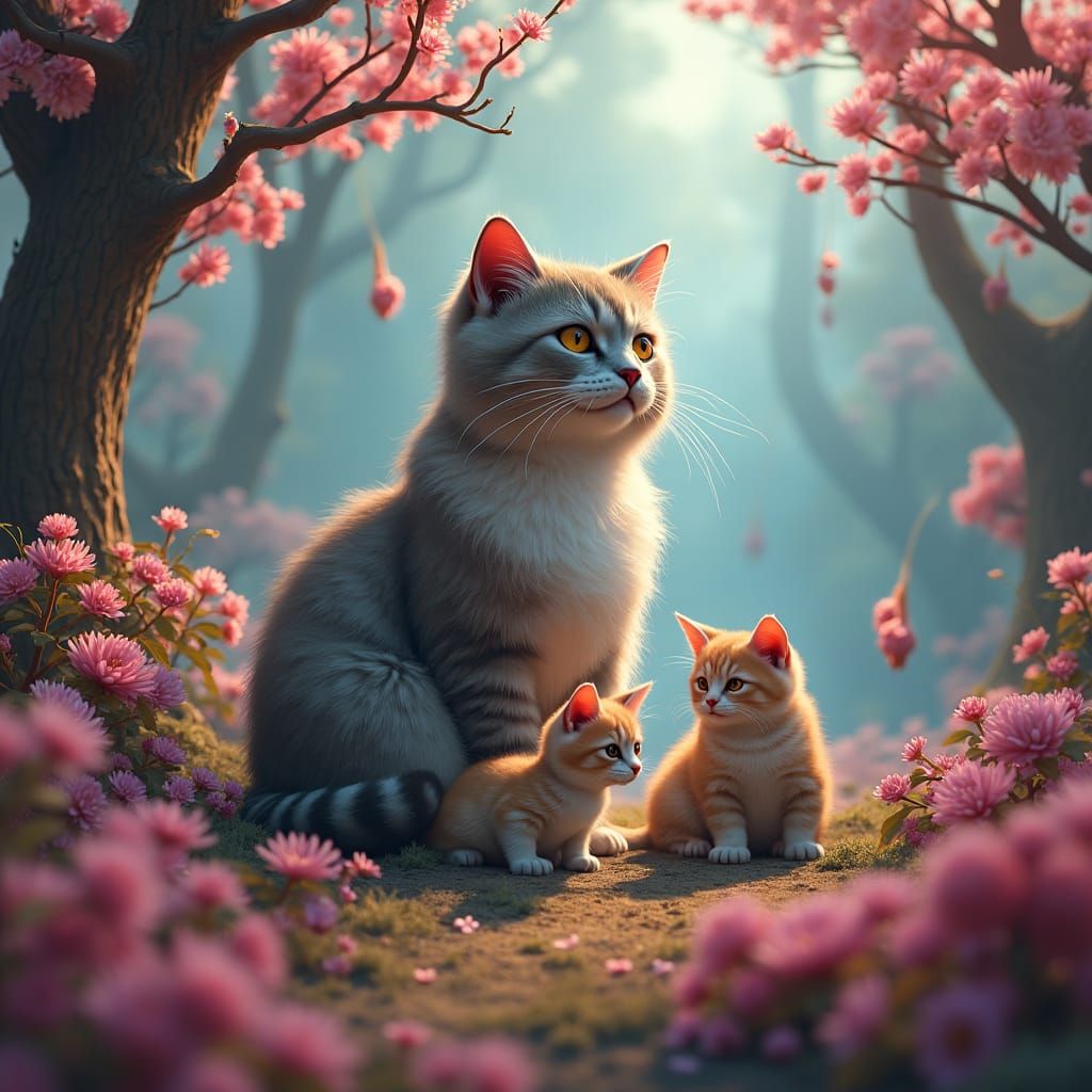 Cat and Kittens in Dreamlike Fantasy Landscape
