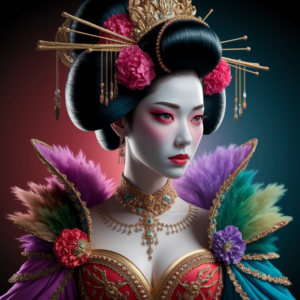Ethereal Geisha in Vibrant Fantasy Gown