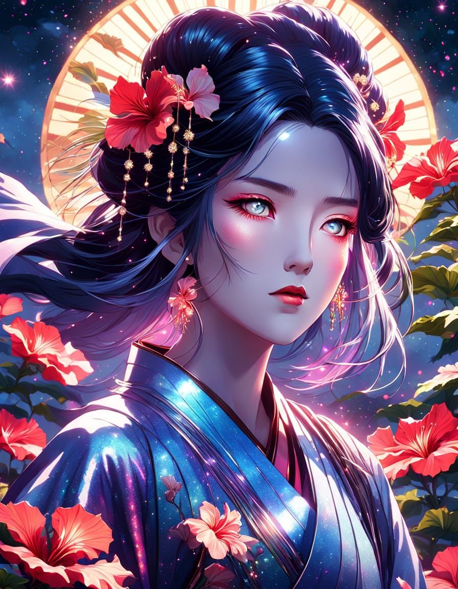 Celestial Geisha in Hibiscus Field: Anime Portrait