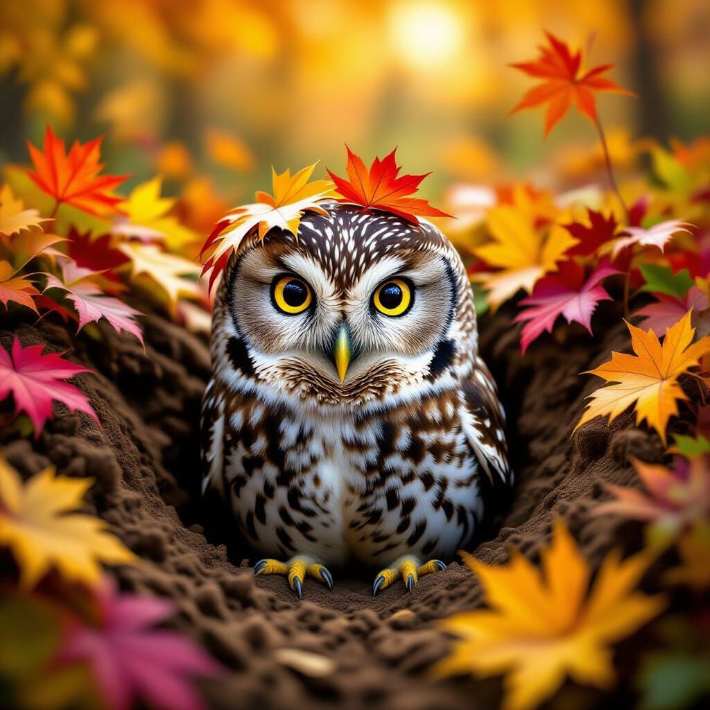 Mottled brown & white burrowing owl pops up through maple le...