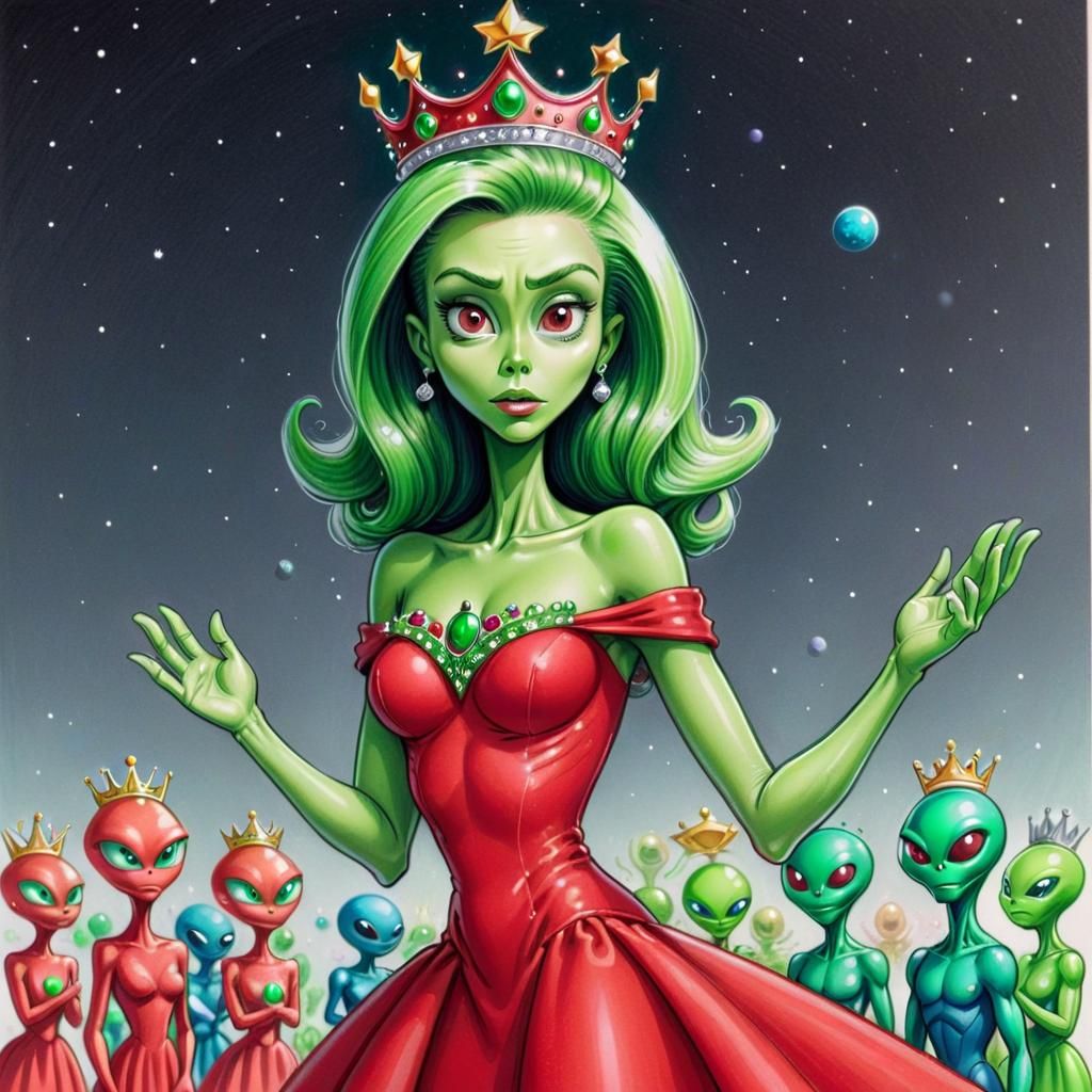 Green Alien Wins Miss Universe in Cartoon Style