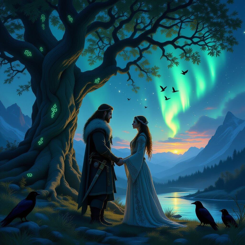 Ethereal Twilight: Lovers Under Ancient Tree