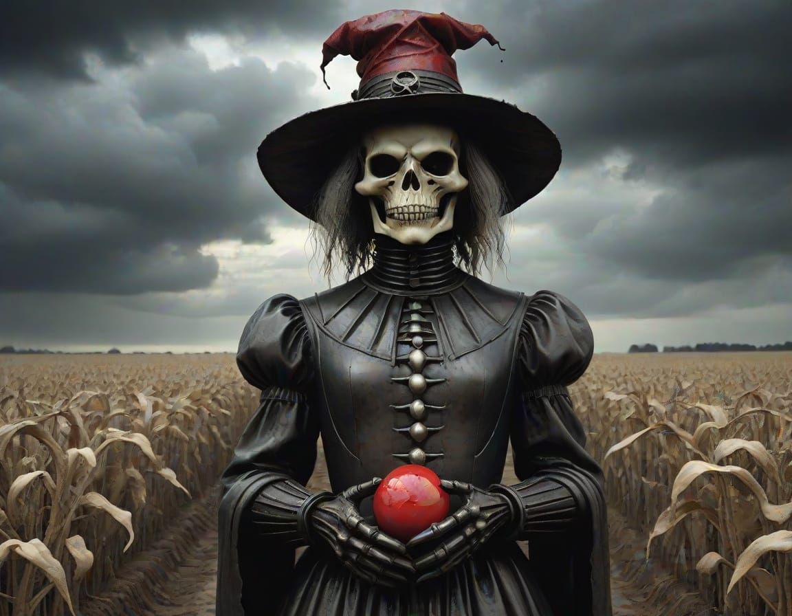 Macabre Scarecrow in Scarlet Gown: Surrealist Oil Painting