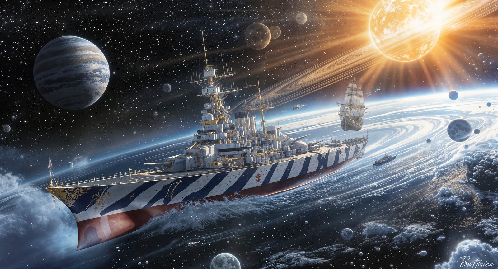 WWII Battleship Fights Pirate Ship in Space