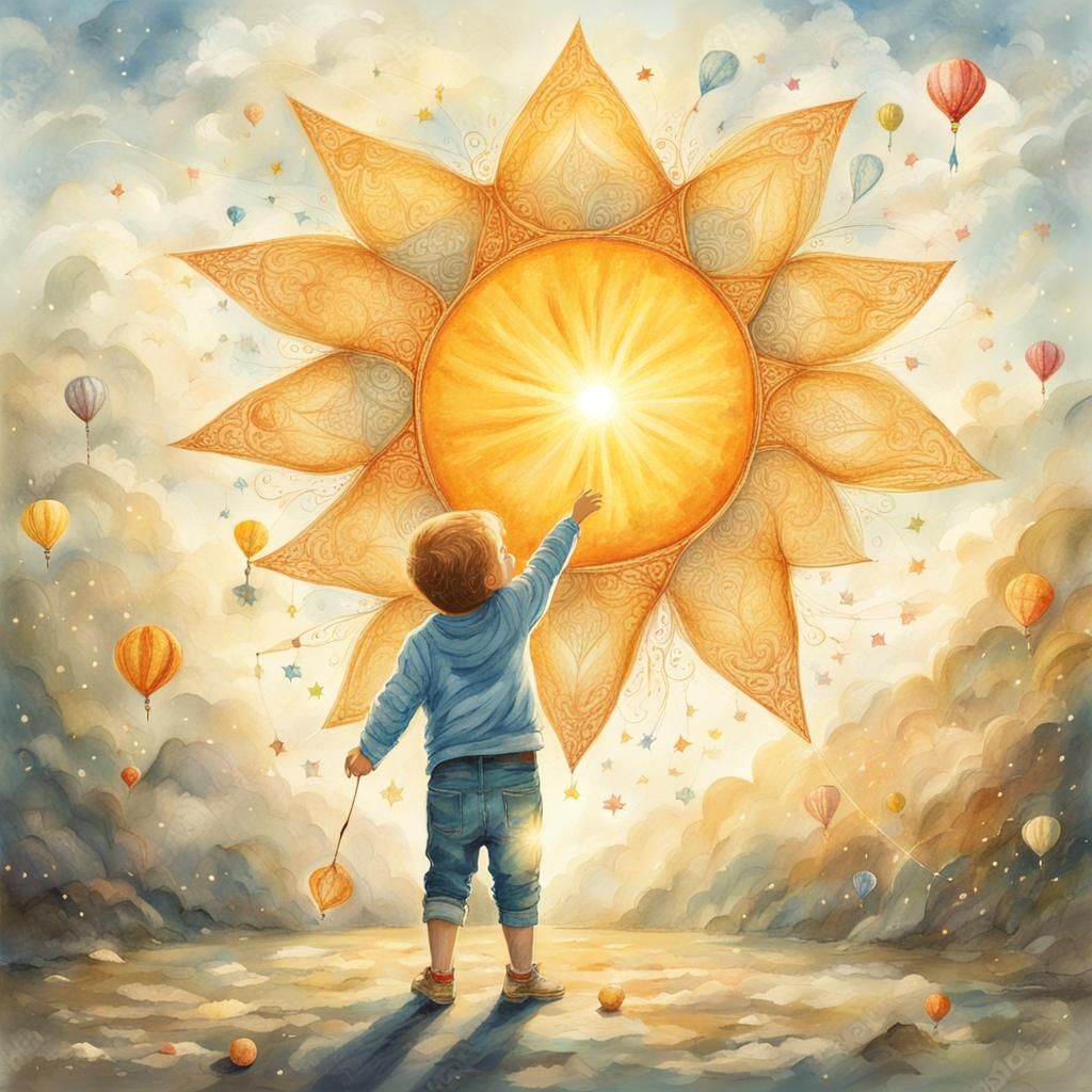 Fantasy Sun Illustration with Child and Kite
