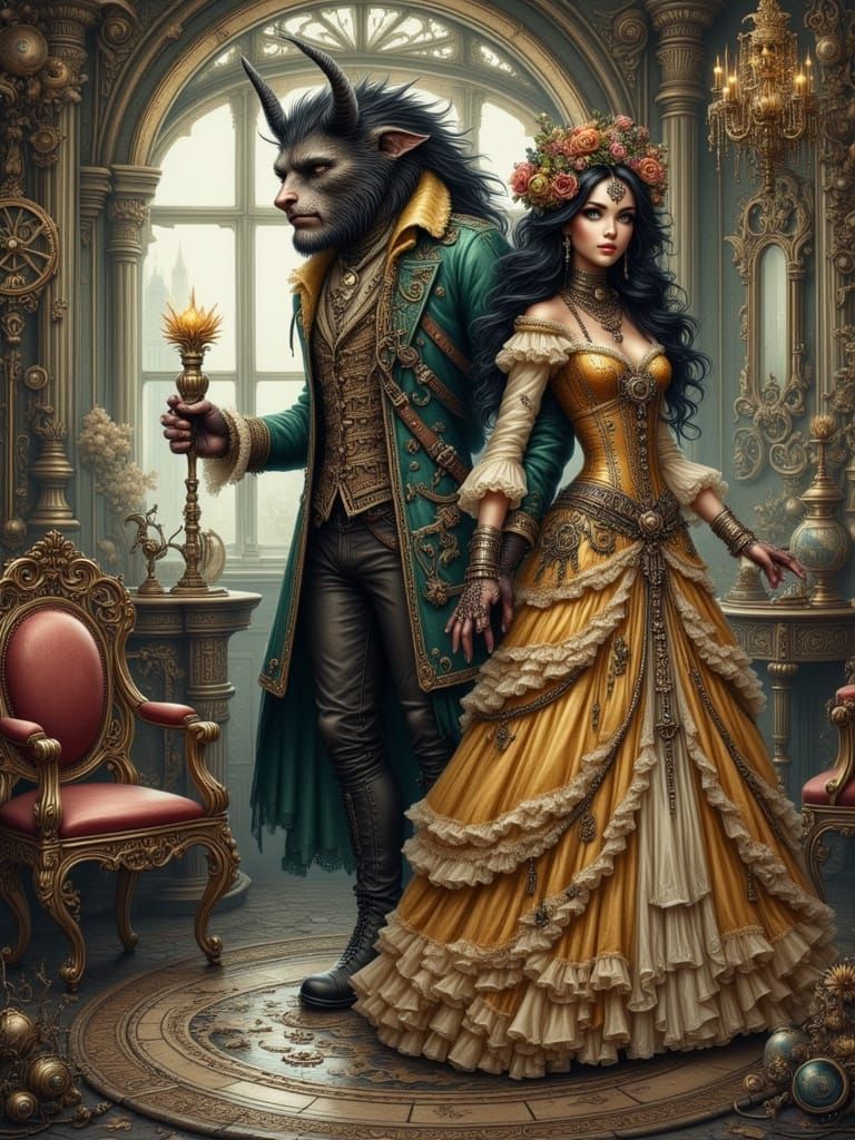 Steampunk Beauty and the Beast in Baroque Château