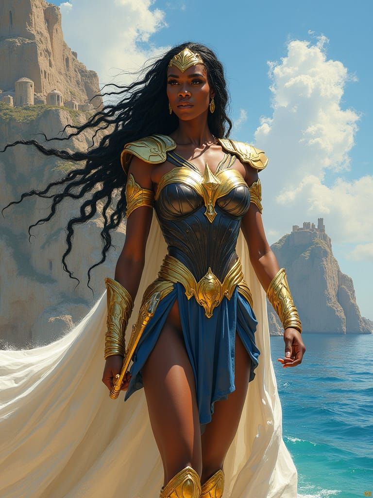 Regal Black Amazon Warrior in Gold and Blue Armor