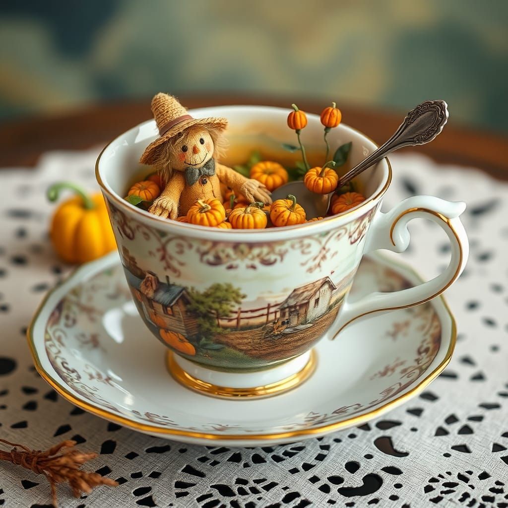 Surreal Scarecrow in Teacup Pumpkin Patch