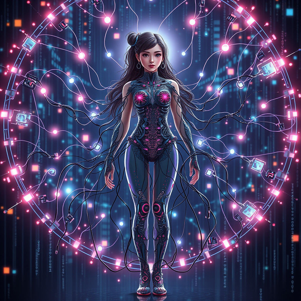 Girl in Cyberpunk Symphony of Data and Technology
