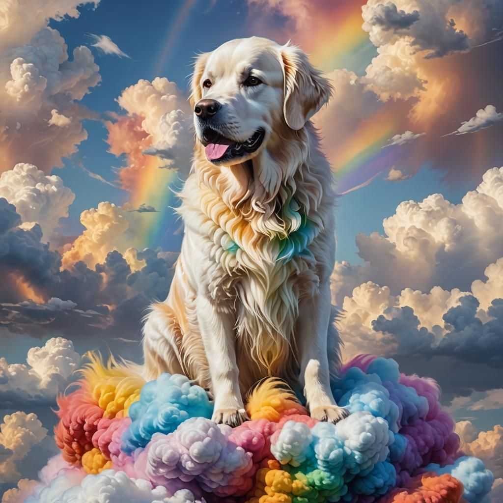 Rainbow Cloud Golden Retriever on a Cloud