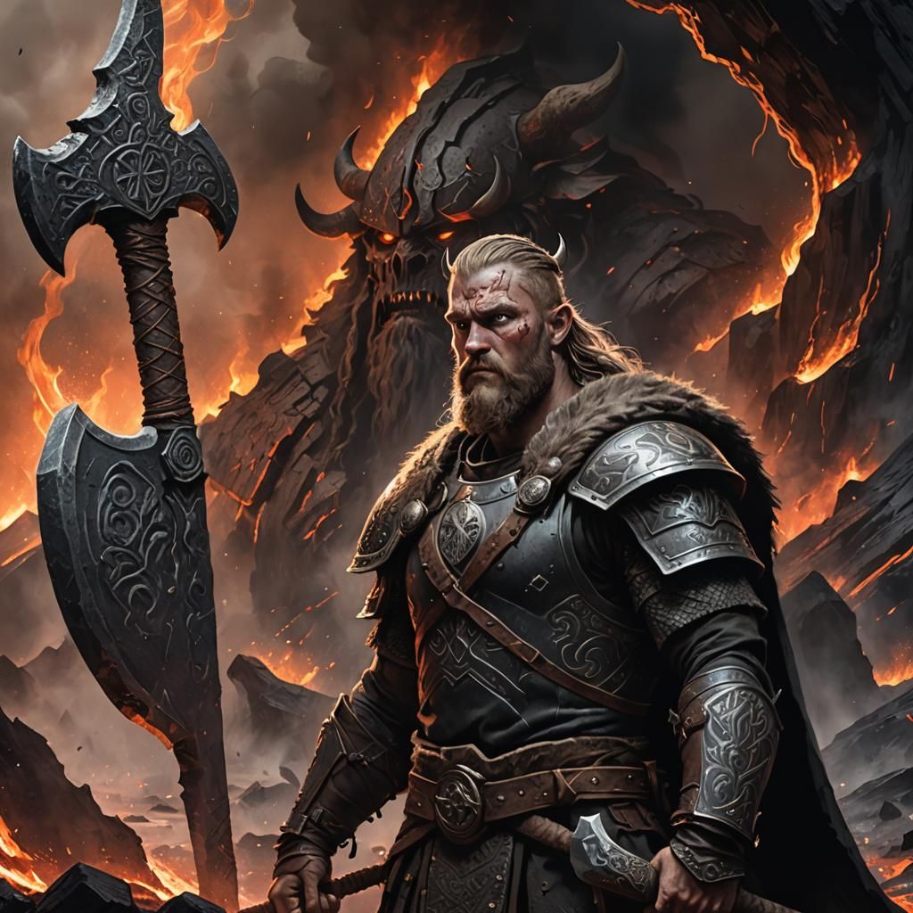 Viking Warrior in Volcanic Landscape: Dark Fantasy Art