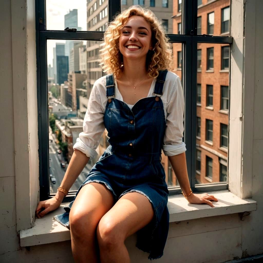 Young Woman Gazing at Cityscape from Window