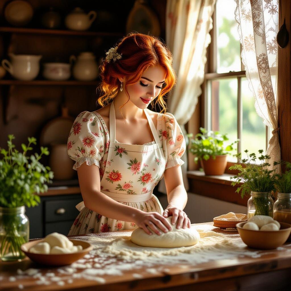 Redhead Tradwife Kneading Bread, Vintage Style
