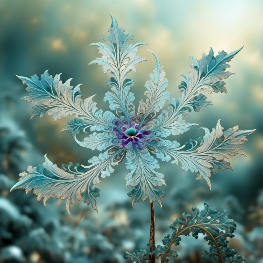 Beautiful Fractal Flower with Stem and Leaves