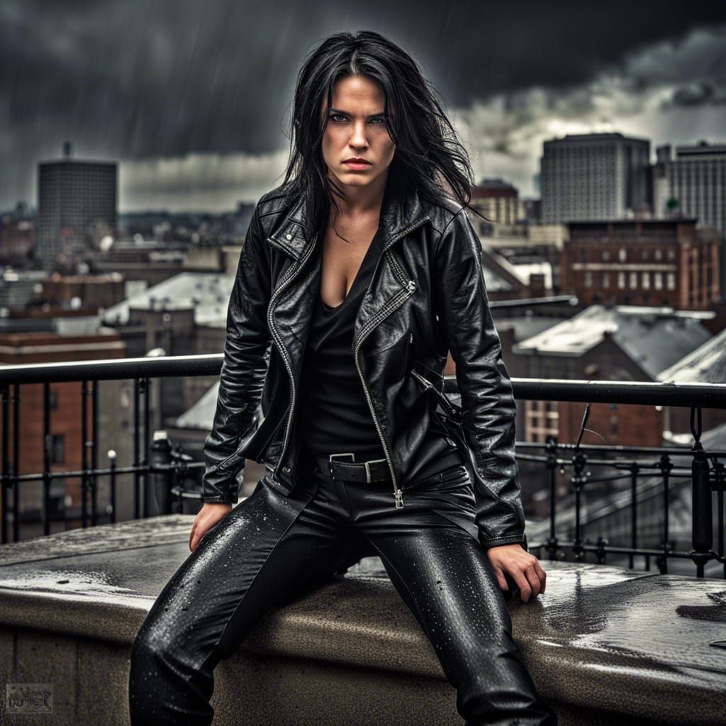 Hyperrealistic Rock Star in Gotham City Storm