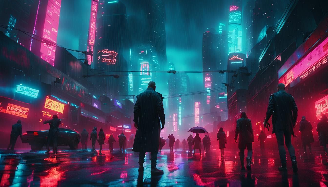 Cyberpunk Cityscape at Night in Rainy Noir Style