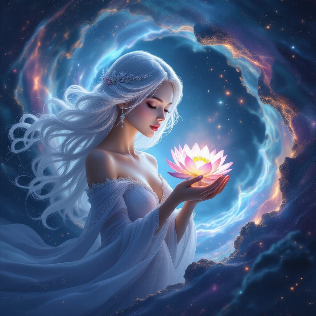 Ethereal Goddess Emerges from Cosmic Vortex Holding Lotus