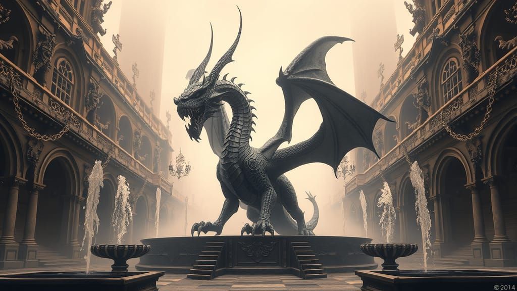 Gothic Dragon Sculpture Surrounded by Grandiose Fountains