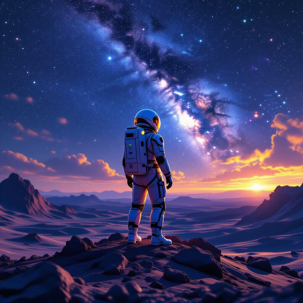 Astronaut Gazing at Starry Sky in Dark Fantasy