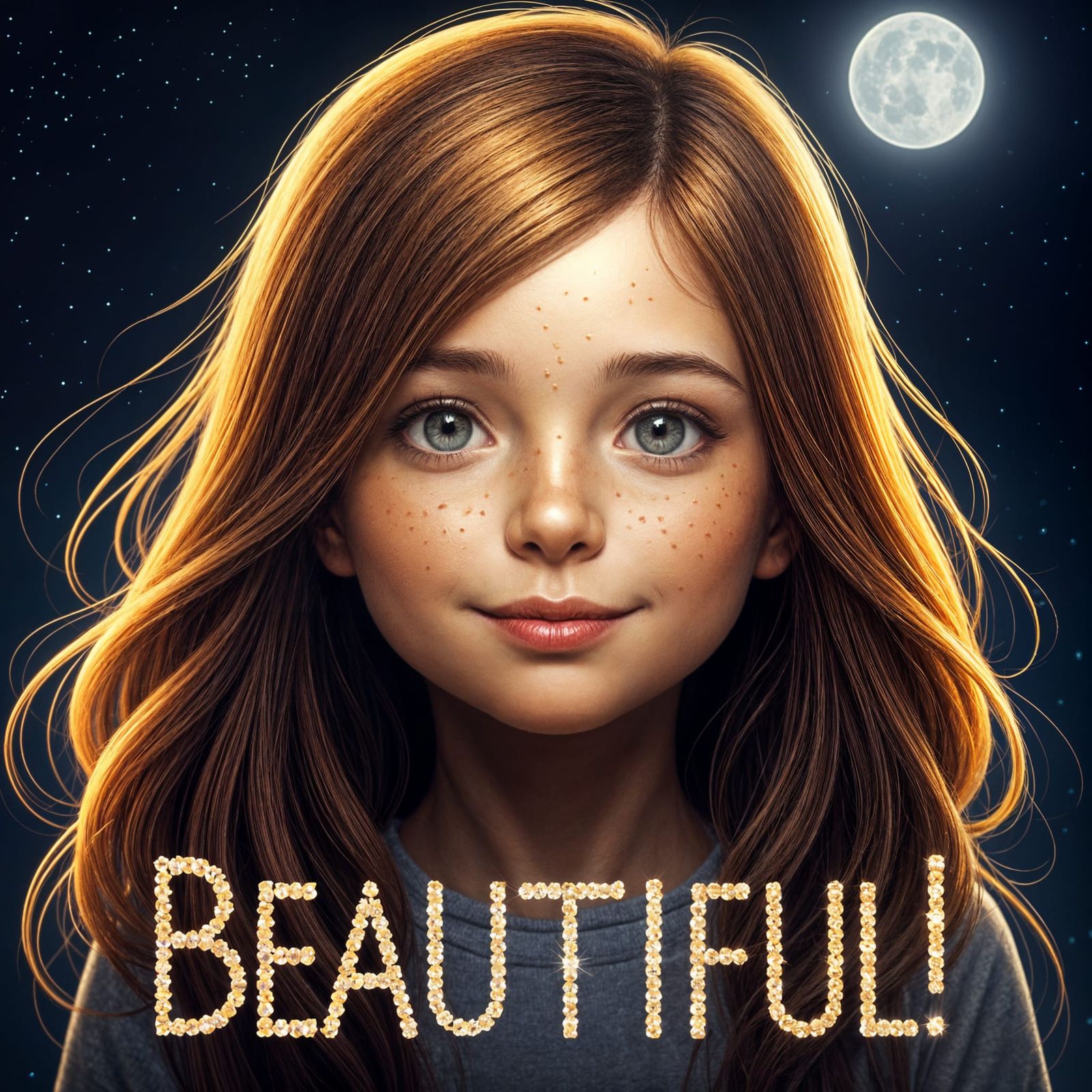 Amazed Freckled Girl Under the Moon in Digital Art