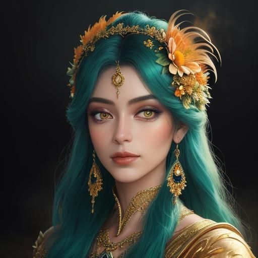 Ethereal Gold Woman with Peacock Feathers, Oil Painting