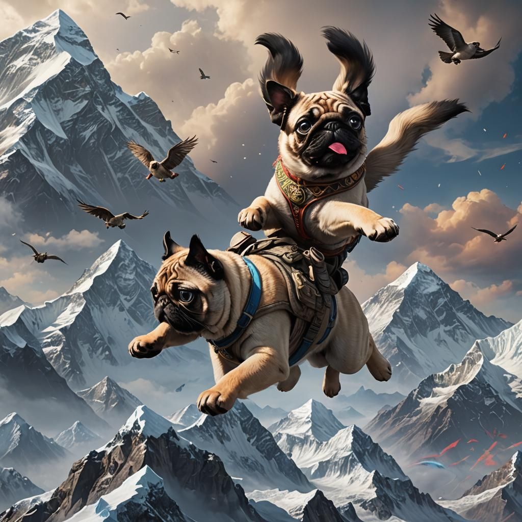 Cat Riding Pug Flying Over Everest: Detailed Matte Painting