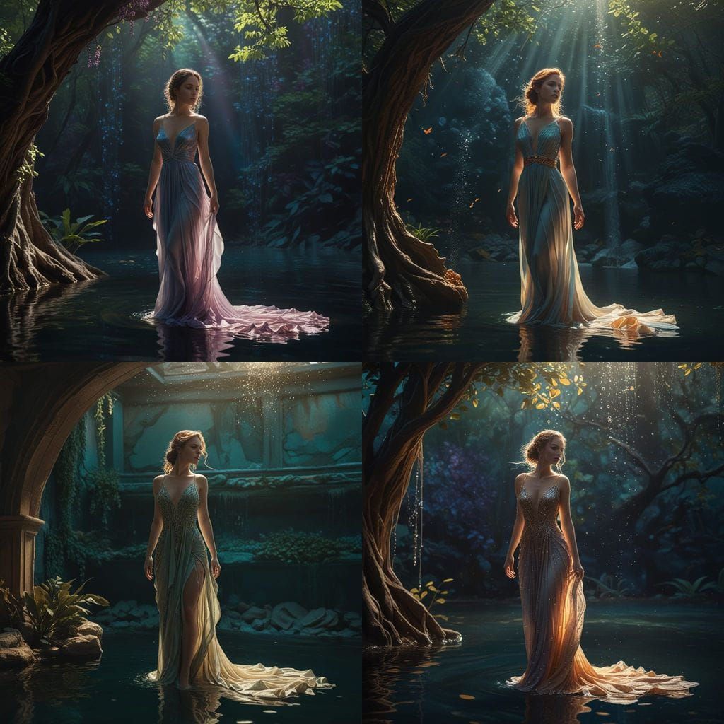Woman in Flowing Gown Diving: Detailed Fantasy Art