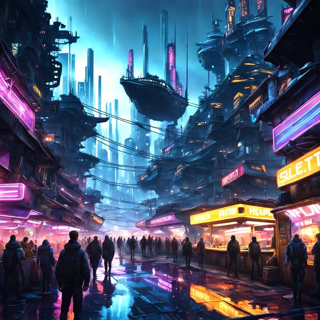 Crowded Night Market with Floating Harbor, Neo Signs