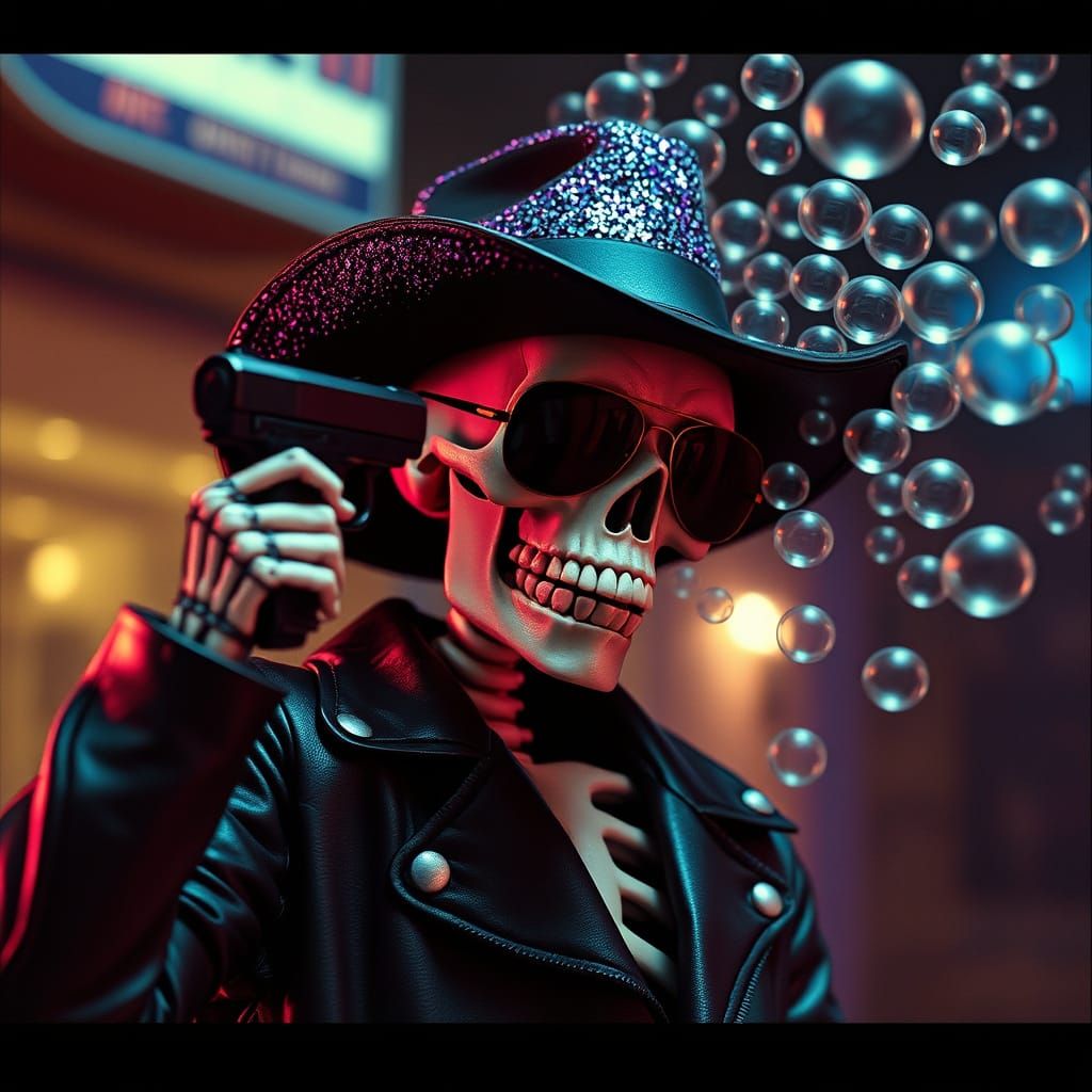 Skeleton Cowboy with Memory Bubbles in Cinematic Style