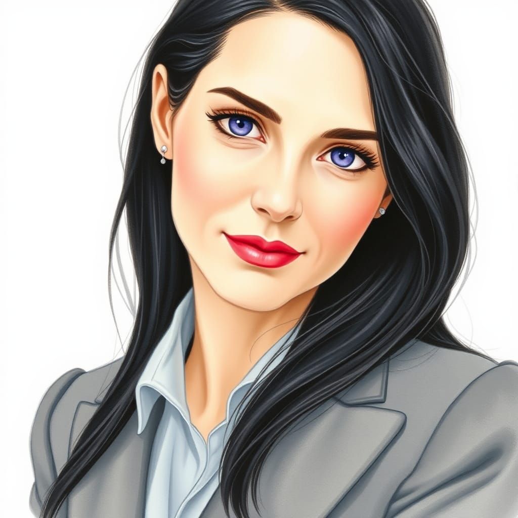 Elegant Woman in Grey Suit, Pastel Drawing