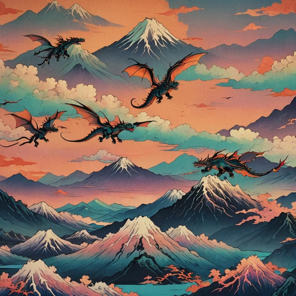 Dragons Above Mountains: Ukiyo-e Impressionism Sunset