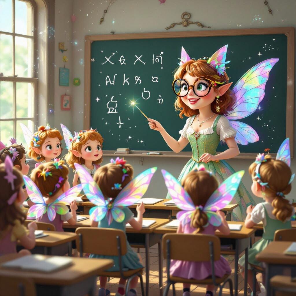 Fairies Attend Class in Old-Fashioned Classroom Illustration