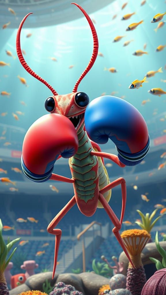 3D Cartoon Mantis Shrimp Boxer in Vibrant Underwater Arena