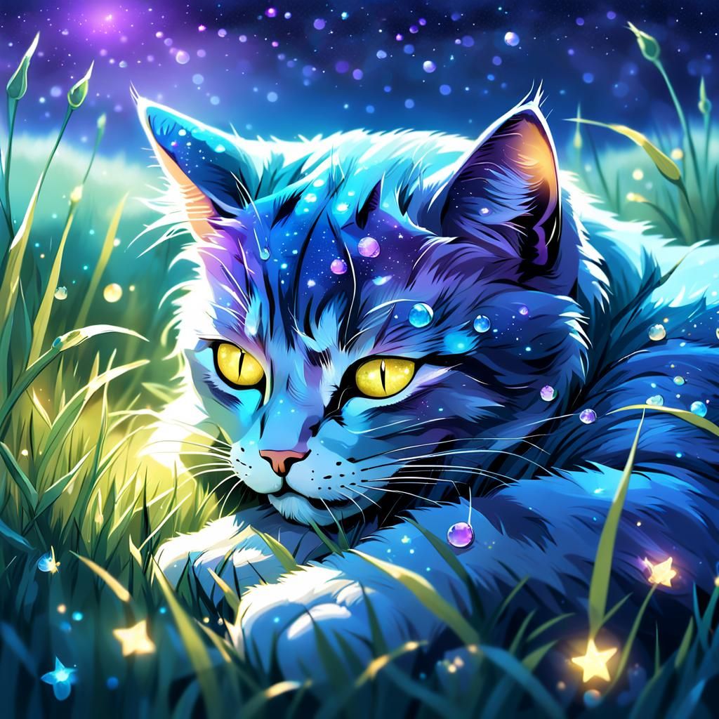 Dreamlike Cat Nap in Starry Meadow