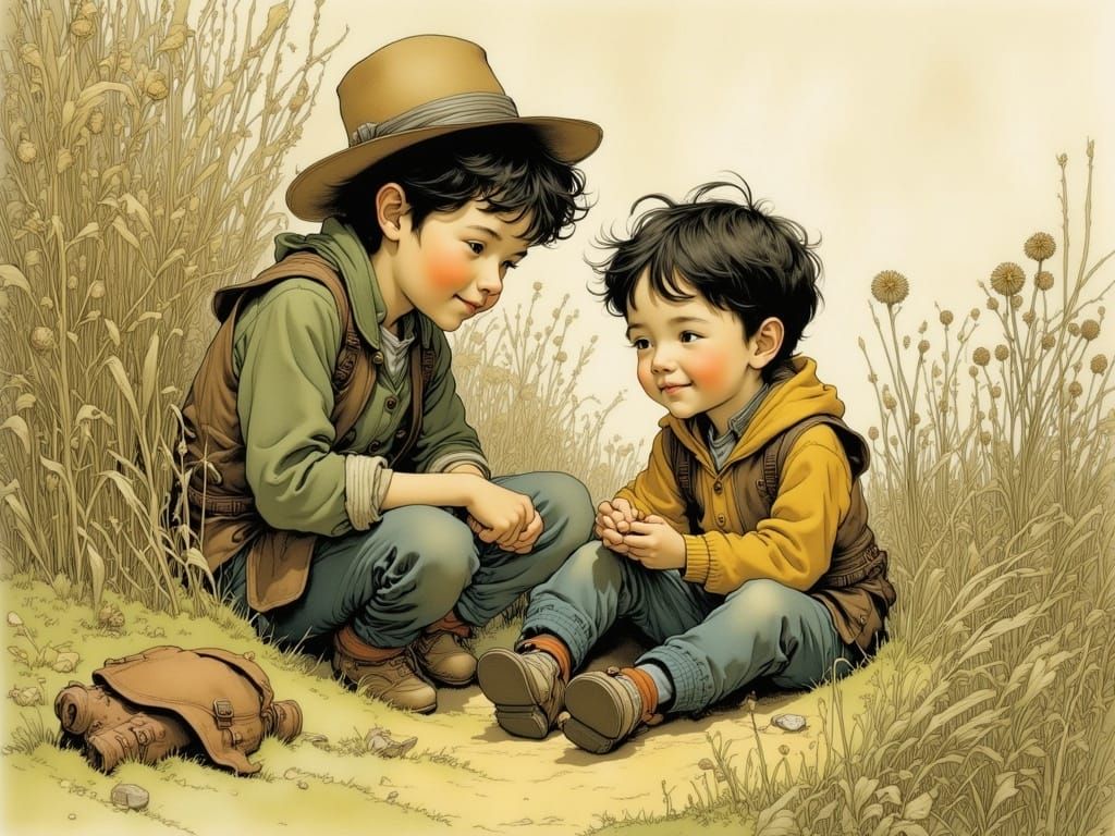 Cute Siblings Laughing in Hay, Intricately Detailed Art