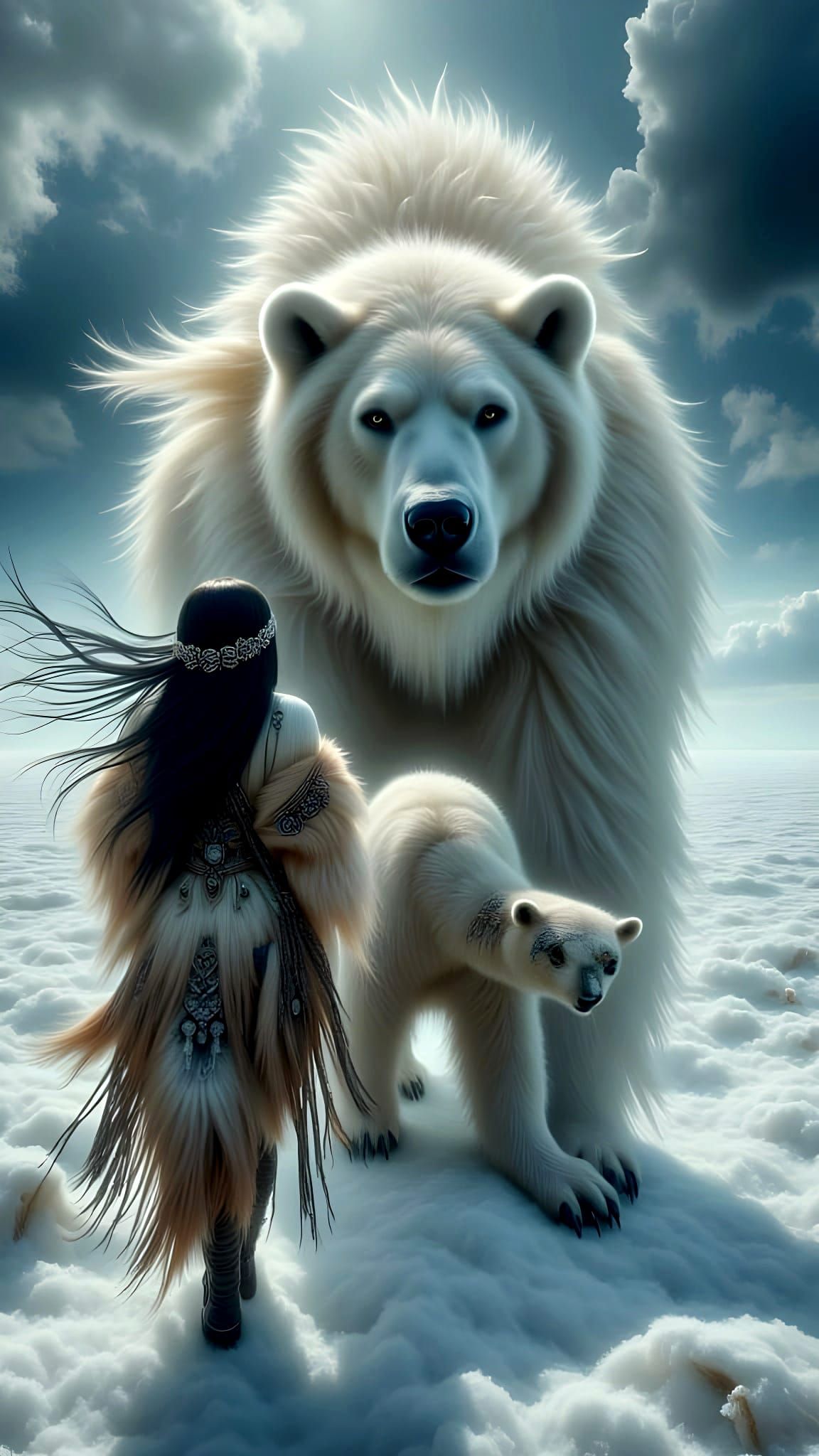 Woman and Polar Bear Trek Through Snowy Arctic Landscape