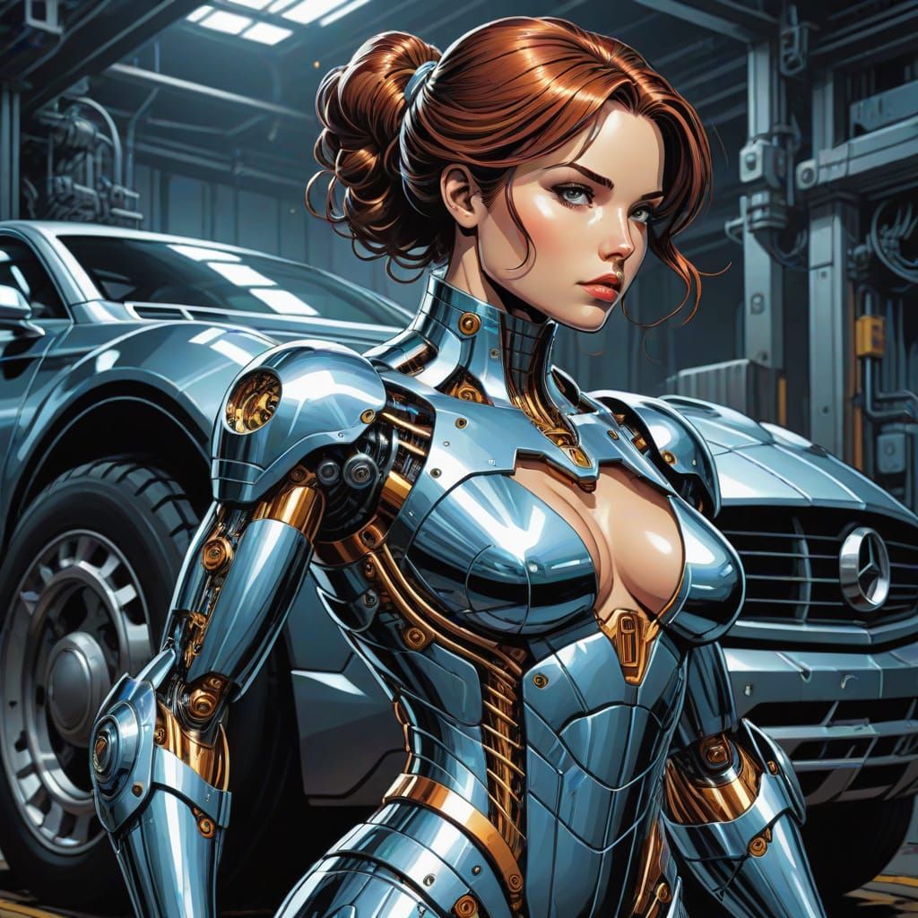 Mechanical Woman Built from Vehicle Parts as Comic Art