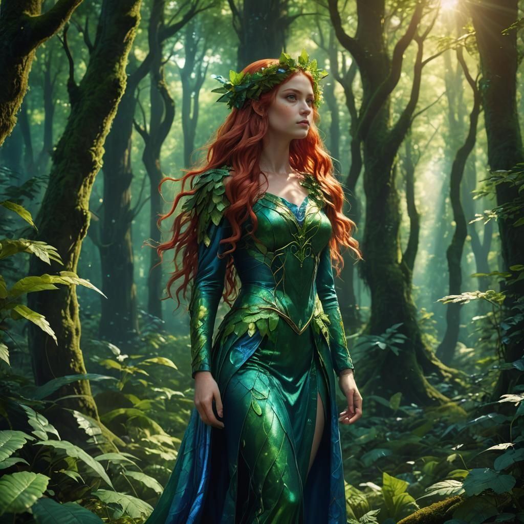Gorgeous Forest Nymph with Red Hair in Detailed Painting