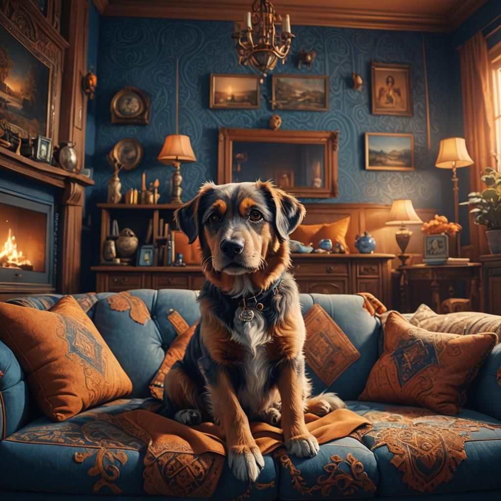 Cute Dog in Cozy House: Fantasy Art