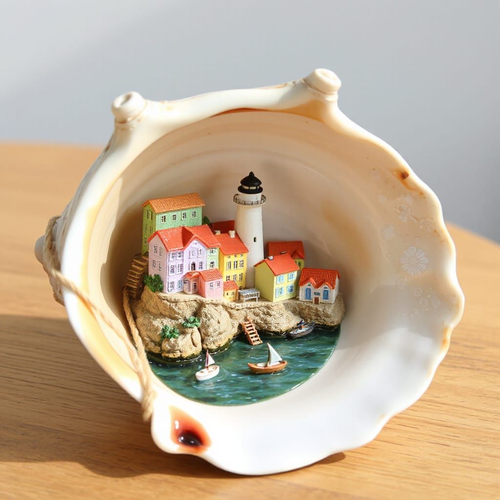 Coastal Town Hidden in Spiraled Conch Shell